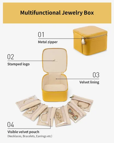 Miniatura 5 de Vlando Joyero de viaje, pequeña bolsa de joyería con 6 bolsillos de terciopelo con cremallera, organizador de joyería de piel sintética para mujeres