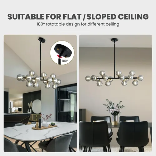 Miniatura 4 de 16 Luces Araña Moderna de Mediados de Siglo Negro Araña Lineal Accesorios de Iluminación Globo de Vidrio Luz Colgante Sputnik para Comedor Isla