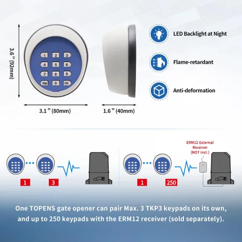Miniatura 7 de TOPENS TKP3 - Teclado inalámbrico sin llave, panel de código digital, control de seguridad para abridor automático de puertas correderas de garaje