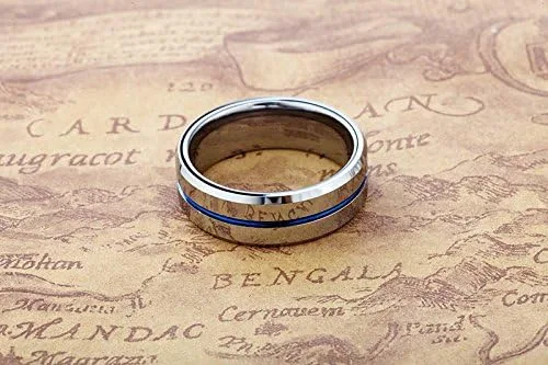 Miniatura 5 de Tusen Jewelry, anillo de boda con delgada línea azul chapado en carburo de tungsteno.