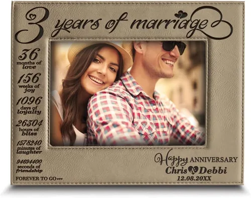 BELLA BUSTA - Marco de fotos de cuero grabado para 3 años de matrimonio, para siempre a go-Tritonal 3er aniversario (4 x 6 horizontal)