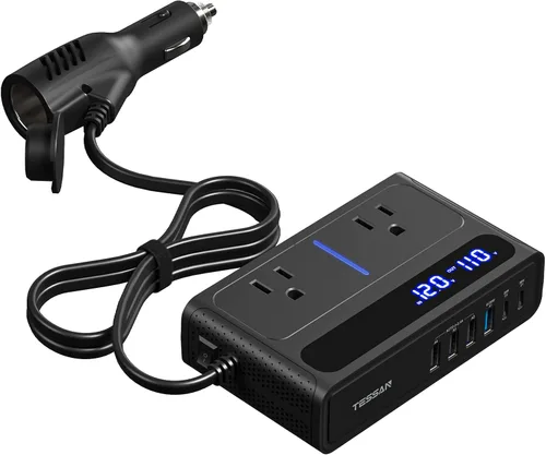 TESSAN - Inversor de corriente para automóvil de 200 W, convertidor de 12 V CC a 110 V CA con 2 salidas de CA y 6 puertos USB con USB de 36 W,