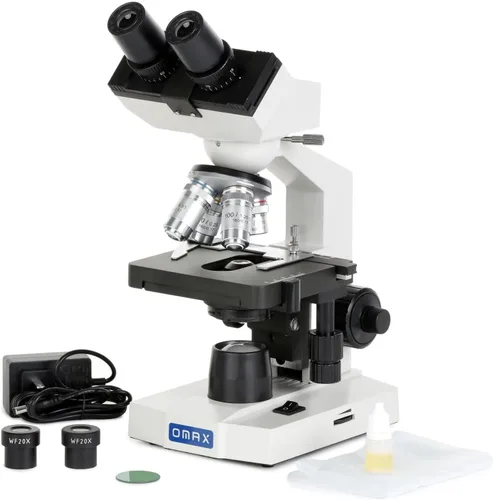 Miniatura 7 de Microscopio compuesto binocular LED lab 40X-2000X Omax con doble capa, etapa mecánica y coaxial fino/grueso, perilla de enfoque