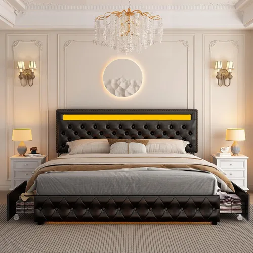 Miniatura 9 de GEGOFORU Marco de Cama LED King con 4 Cajones de Almacenamiento, con Control Inteligente de Luces LED RGBW en Cabecero y Piecero, Control
