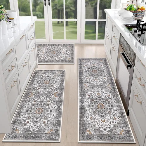 Miniatura 30 de HEBE - Juego de 3 alfombras de cocina de granja, antideslizantes, lavables, tapetes de cocina bohemios para suelo, alfombra de cocina, alfombra