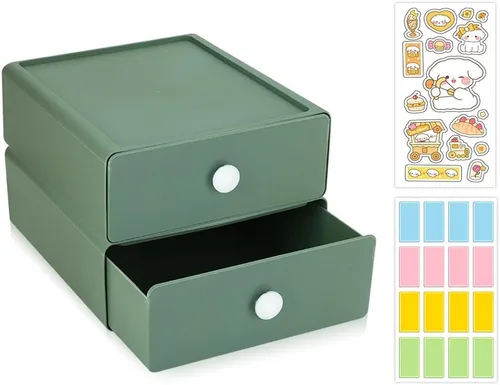 Organizador de escritorio de 2 piezas, cajas de almacenamiento apilables con 2 cajones de plástico, cajones organizadores de escritorio con 2