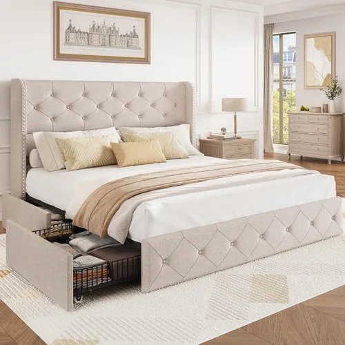 Miniatura 23 de BRELTAM Marco de Cama Tamaño Queen con Cajones de Almacenamiento y Cabecero Wingback Tapizado en Terciopelo Marco de Cama Plataforma Camas Blanco