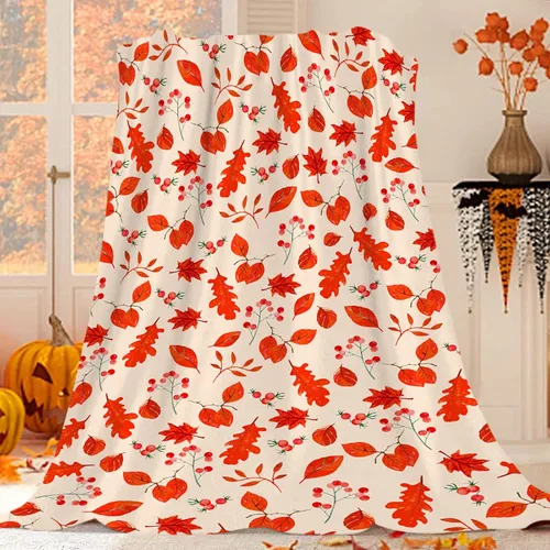 Miniatura 11 de JOOCAR Manta de franela de otoño con diseño de hojas de arce de dibujos animados, gnomo de otoño, naranja, acogedora manta de felpa suave para cama