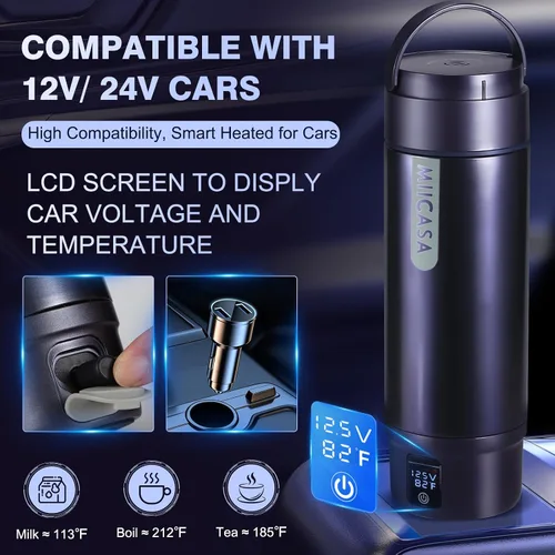 Miniatura 3 de Hervidor Eléctrico para Automóvil con Aislamiento al Vacío, Vaso Térmico de Acero Inoxidable Miicasa Calentador de Agua para Automóvil, Hervidor