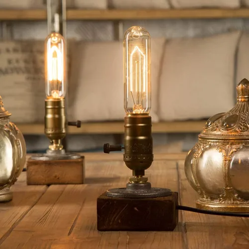 Miniatura 7 de Lámpara de mesa pequeña de madera Edison bombilla regulable lámpara de escritorio E26 60W luz nocturna industrial boho deco para dormitorio, sala