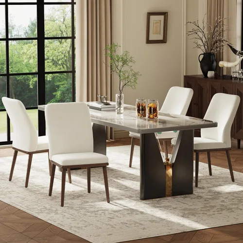 Elegante juego de 4 sillas de comedor, tapizadas Parsons con ribete de cabeza de clavo, silla de cocina con cojines gruesos y patas de madera, Beige