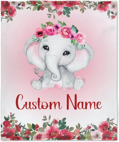 Miniatura 10 de Manta personalizada de elefante azul floral con nombre para niñas, manta con nombre personalizado para niños pequeños, regalos personalizados