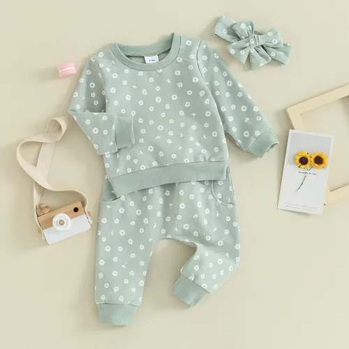 Miniatura 2 de Mandizy Conjunto de ropa de bebé niña otoño 3 6 9 12 18 24 meses sudadera de manga larga y pantalones con estampado floral y diadema