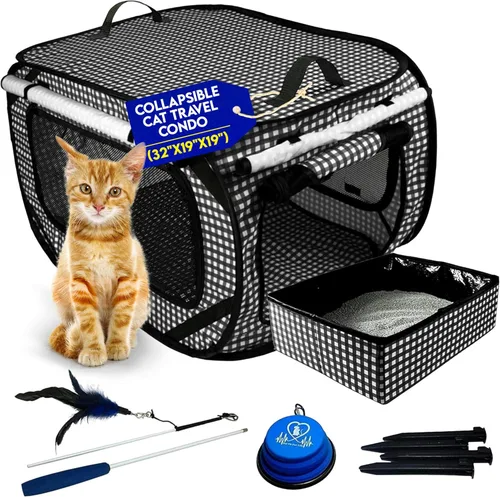 Pet Fit For Life Transportador de gatos extra grande para viajes, plegable y portátil, plegable, con caja de arena, juguete de plumas y cuenco de
