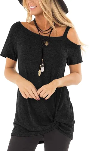 Temofon - Camisetas de mujer, sin hombros, camiseta de verano informal, de manga corta, con diseño de nudo trasero y hombros desnudos, tallas S a 2XL
