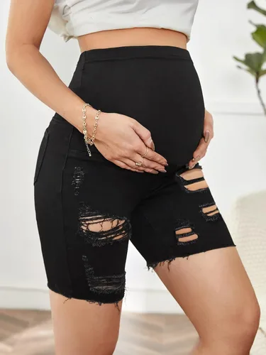 Miniatura 4 de Floerns Pantalones cortos de mezclilla de maternidad para mujer con dobladillo enrollado