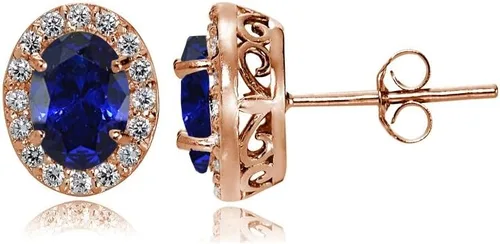 Aretes pasantes brillantes tipo corona con piedras y detalles de circonita cúbica creada o simulada con oro rosa