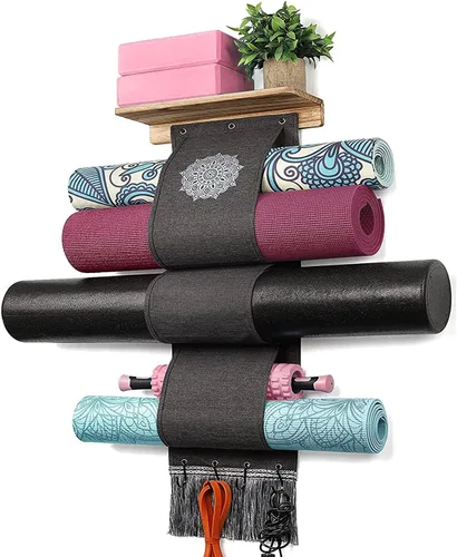 VINAEMO - Soporte para esterilla de yoga, accesorios, organizador de montaje en pared, almacenamiento, decoración, rodillo de espuma y Negro