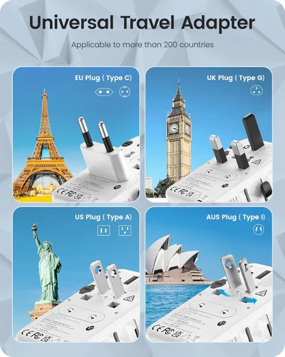 Miniatura 2 de LENCENT Adaptador de viaje internacional de 65 W, adaptador de viaje universal con 2 salidas USB-A y 3 PD tipo C, carga rápida para teléfono, Blanco