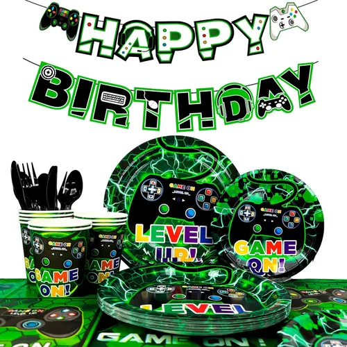 Vajilla de fiesta de cumpleaños para 16 invitados, platos de videojuegos y servilletas, suministros para fiestas, incluye platos de fiesta de