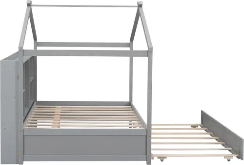 Miniatura 5 de Quarte Cama moderna de tamaño matrimonial con estantes de almacenamiento y cama nido de tamaño individual, sofá cama de madera para niños y niñas