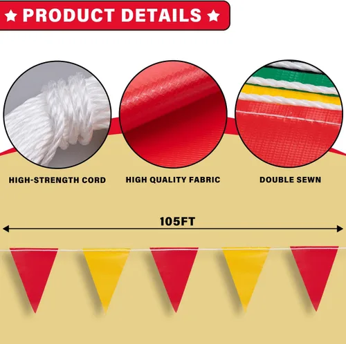 Miniatura 3 de Banderines de bandera de 105 pies, 7 x 10 pulgadas, rojo y amarillo, 45 piezas de alta visibilidad de seguridad en cuerda, bandera triangular