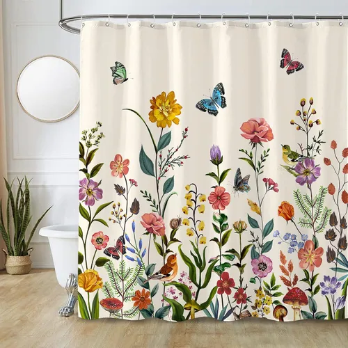 kampdream Cortina de ducha vintage con diseño floral, retro, bonita, colorida, mariposa, pájaros, flores, cortinas de ducha decorativas con 12