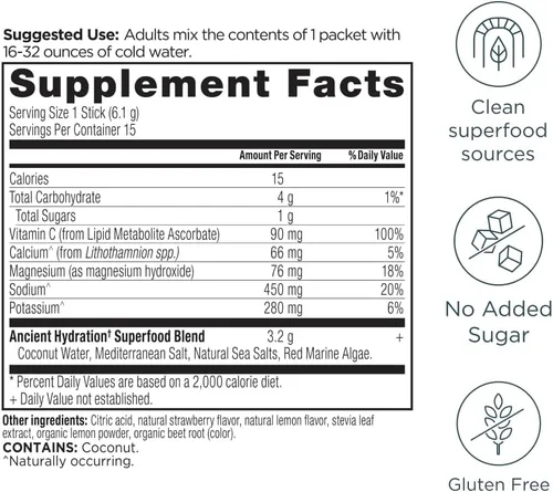 Miniatura 2 de Ancient Nutrition Polvo de hidratación rápida, limonada de fresa, electrolitos de sales marinas naturales y algas marinas rojas, apoya