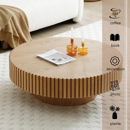 Miniatura 5 de Mesa de centro redonda acanalada de 31.49 pulgadas para sala de estar, mesa de café moderna de mediados de siglo con pedestal resistente, mesa