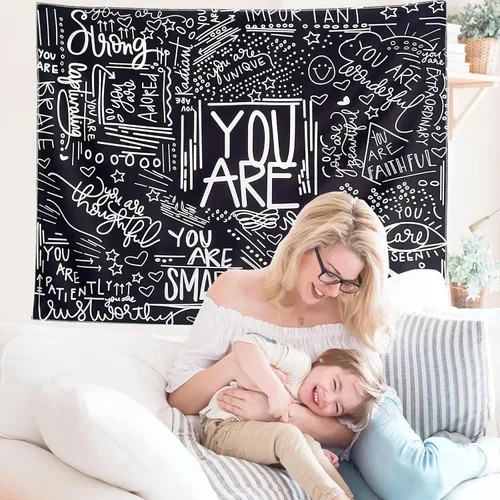 Miniatura 3 de KJHL Quote You Are - Tapiz de pared en blanco y negro inspiracional para aula, tapices infantiles para colgar en la pared, afirmaciones
