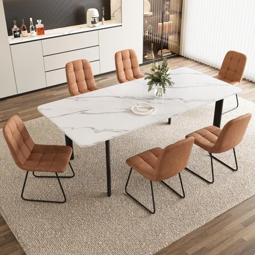 Miniatura 23 de HIPIHOM Mesa de comedor extensible para 6-8 personas, mesa rectangular de 63 a 78.7 pulgadas, MDF blanco con patas de metal resistentes, ahorro