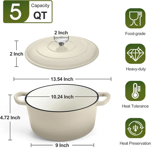 Miniatura 2 de P&P CHEF Horno holandés esmaltado de 5 cuartos de galón, olla holandesa de hierro fundido con tapa para hornear pan, olla esmaltada para asar, Caqui
