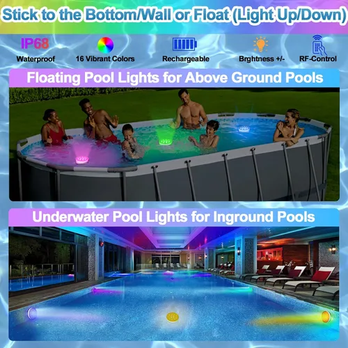 Miniatura 3 de Luces de piscina para piscina sobre el suelo, luces LED sumergibles recargables subacuáticas con control remoto, IP68 impermeable, luz de piscina