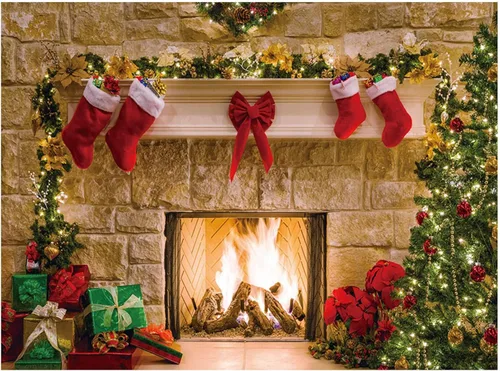 Miniatura 6 de Funnytree Telón de fondo de chimenea de Navidad de 10 x 8 pies, estilo vintage, medias de árbol de Navidad, fondo de fotografía, retrato de cabina