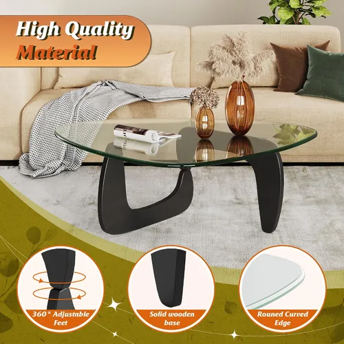 Miniatura 5 de WLIVE Mesa de café, mesa de café pequeña de vidrio con patas de madera maciza, mesas de sala de estar triangulares de 36" de mediados de siglo, mesa