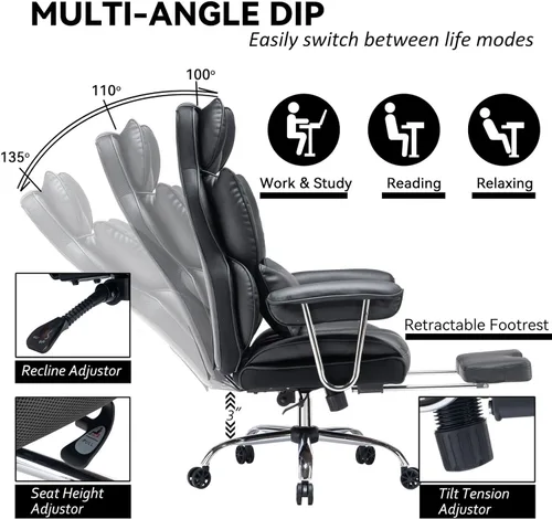 Miniatura 3 de Efomao Silla de oficina grande y alta con reposapiés, silla de escritorio ejecutiva de cuero con respaldo alto con soporte lumbar y reposabrazos