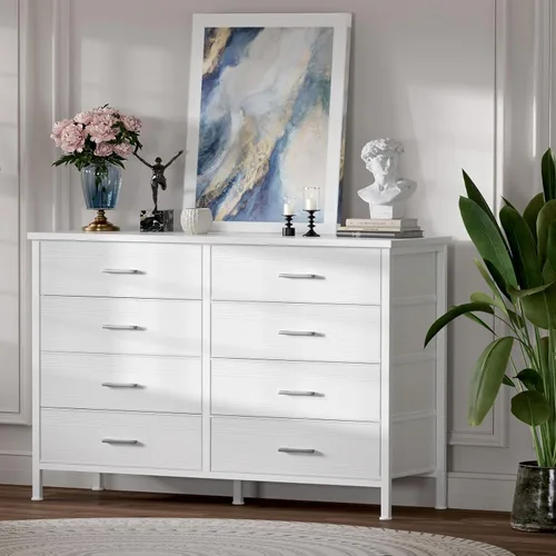 Miniatura 8 de BOLUO Cómoda Blanca para Dormitorio de 8 Cajones, Cómoda Ancha Soporte de TV para TV de 50", Cómodas y Aparadores con Cajones, Cómoda de Tela