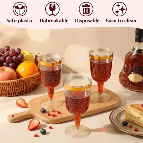 Miniatura 5 de CHENGU 100 copas de vino de plástico de 7 onzas con borde dorado con base extraíble para bodas, fiestas, cumpleaños, aniversario, brindis de champán