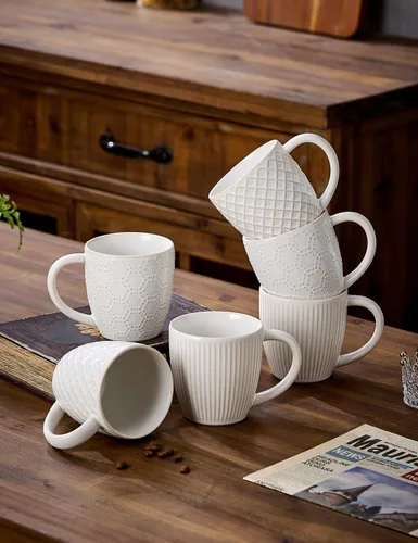Miniatura 7 de Tazas de café de cerámica en relieve de 14 onzas, juego de 6, tazas de café de cerámica con textura artesanal, aptas para microondas y lavavajillas