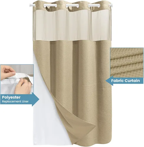 Miniatura 4 de EUTXL Cortina de ducha beige sin gancho con forro a presión, cortinas de ducha de tejido gofre de 230 GSM para baño, 54 pulgadas de ancho x 80