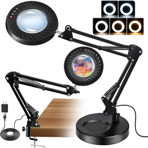 Akynite 12 lupas con luz y soporte, lámpara de escritorio con lupa de cristal real de 144 LED con base y abrazadera, 5 modos de color, lupa