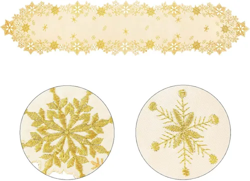 Miniatura 4 de Caminos de mesa bordados con copos de nieve para Navidad e invierno (dorado, 14 x 90 pulgadas)