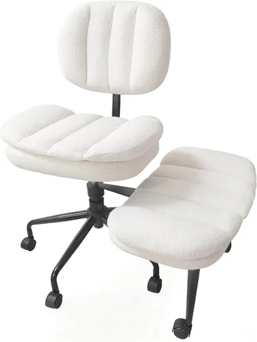 Miniatura 11 de Silla cruzada con reposapiés, silla de oficina giratoria de piel de oveja sintética de 360°, asiento extra ancho con comodidad similar al sofá, Lana
