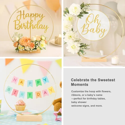 Miniatura 7 de Paquete de 10 aros florales con soporte de madera de 10 pulgadas, anillos de metal para centros de mesa de bricolaje, decoraciones de mesa