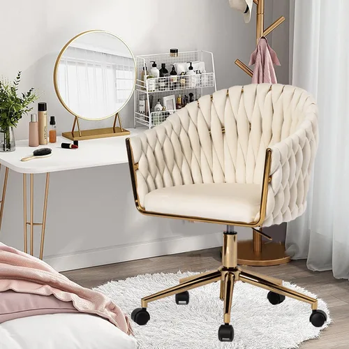 Miniatura 8 de Silla de Oficina de Terciopelo Tejida a Mano, Sillas de Escritorio de Tocador Beige con Ruedas Doradas, Silla Giratoria de 360° para Oficina en Negro