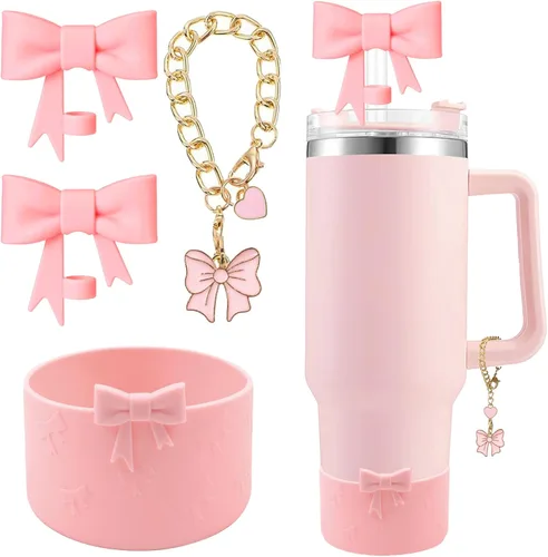 Conjunto de accesorios para taza Hpebl para Stanley, incluye 2 tapas de pajita con moño lindo de 10 mm, tapones reutilizables para pajita, 1 funda