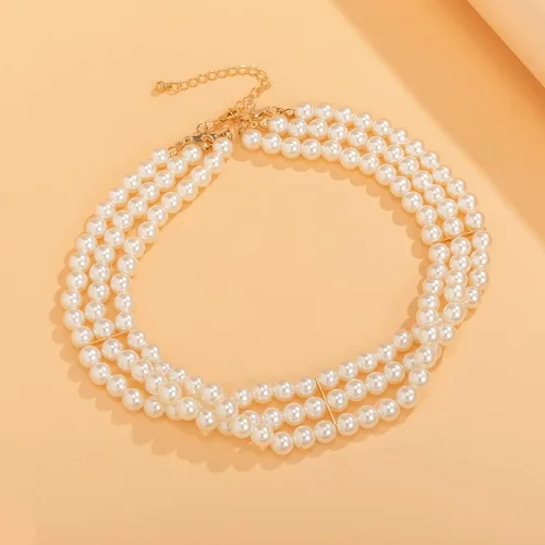 Miniatura 4 de Jumwrit Gargantilla de perlas, collar de perlas en capas, accesorios de disfraz, collar con cierre de palanca para mujeres y niñas, Metal