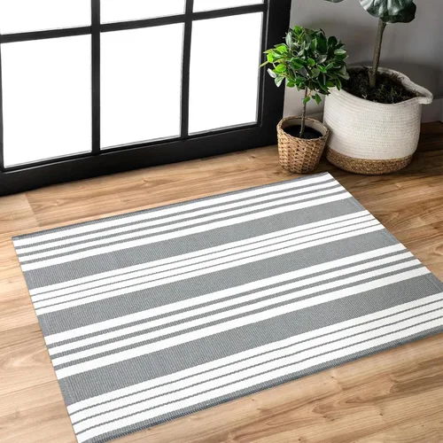 USTIDE Tapete a rayas para puerta delantera 23.6'' x 35'' gris de algodón, alfombra para puerta delantera lavable, tapetes para puerta exterior,