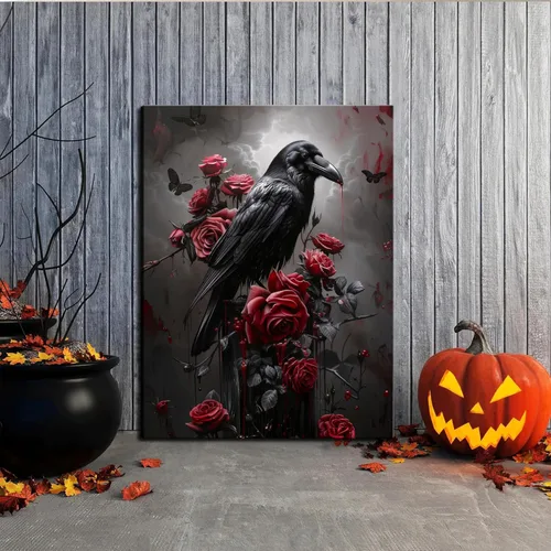 Miniatura 7 de Juego de 3 lienzos góticos para pared, diseño de rosas románticas de Halloween, decoración de pared, pósteres de calavera de cuervo gótico oscuro