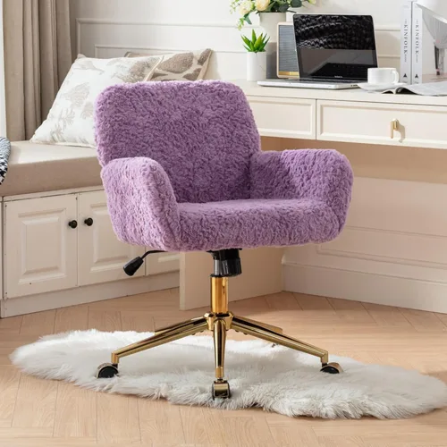Miniatura 10 de HomVent Bonita silla de oficina peluda, moderna silla de piel sintética negra con ruedas y base dorada, silla giratoria ergonómica ajustable